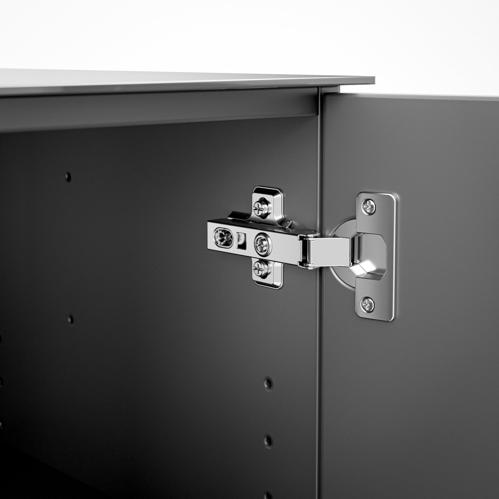 Nahaufnahme eines Scharniers in einer Kommode, Perspektive von innen.