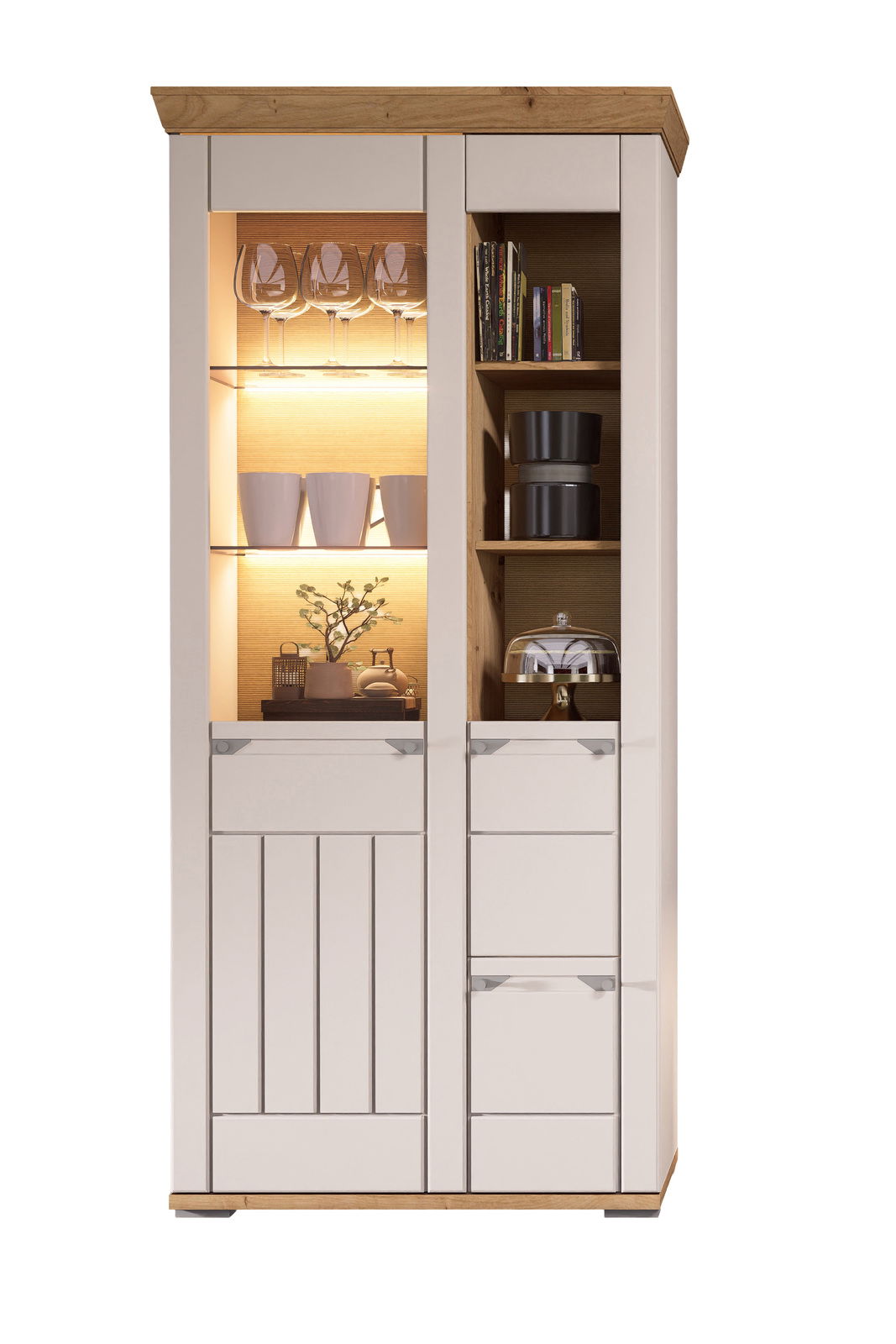 Frontale Ansicht einer modernen Wandkombination mit Glasvitrine, beleuchtetem Innenraum und Regalen für Bücher und Dekoration.