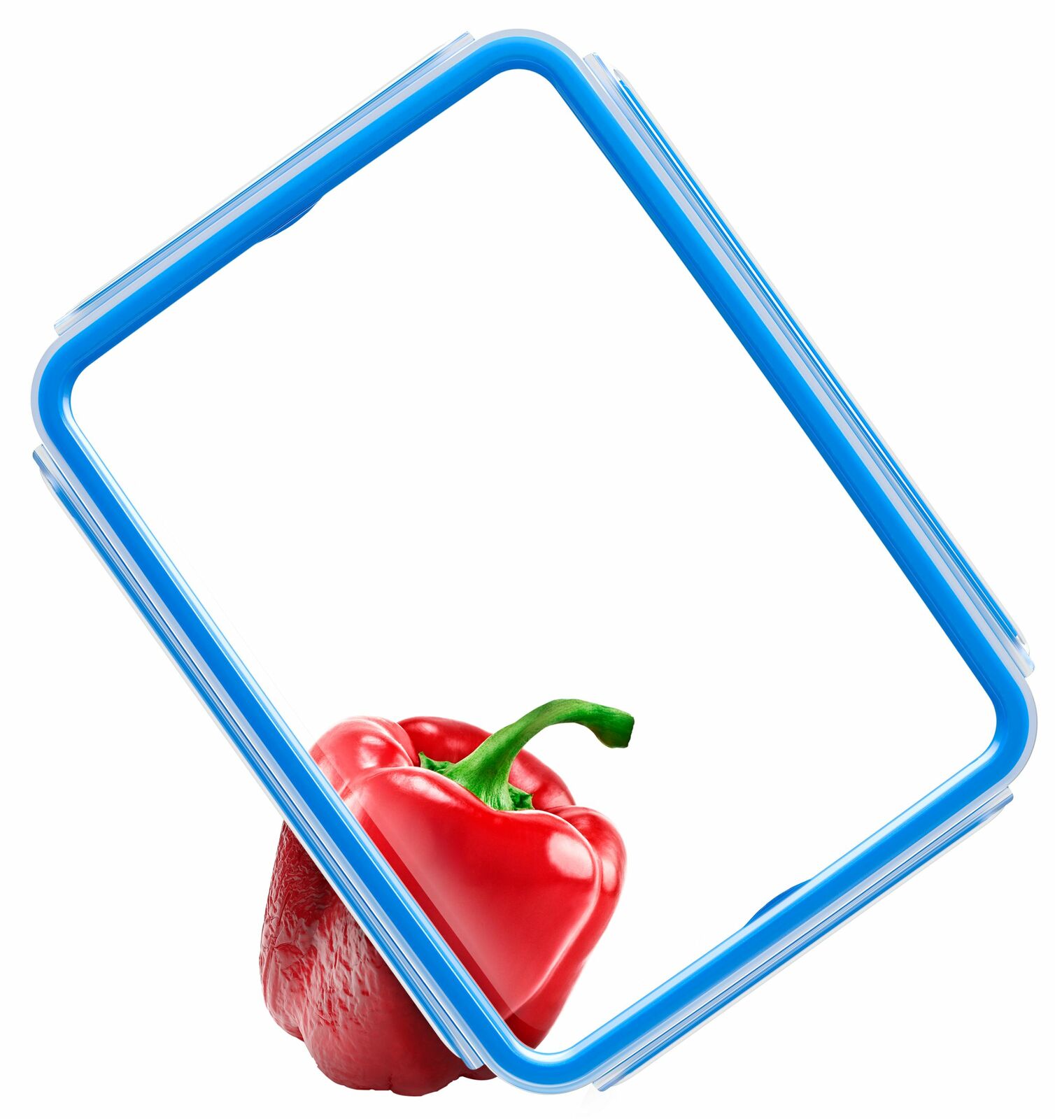 Transparente Frischhaltedose mit blauem Rand, diagonal platziert, mit roter Paprika im Inneren.