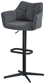 Grauer Barhocker mit gepolsterter Rückenlehne und Armlehnen, schwarzem Metallgestell und Fußstütze, seitliche Perspektive