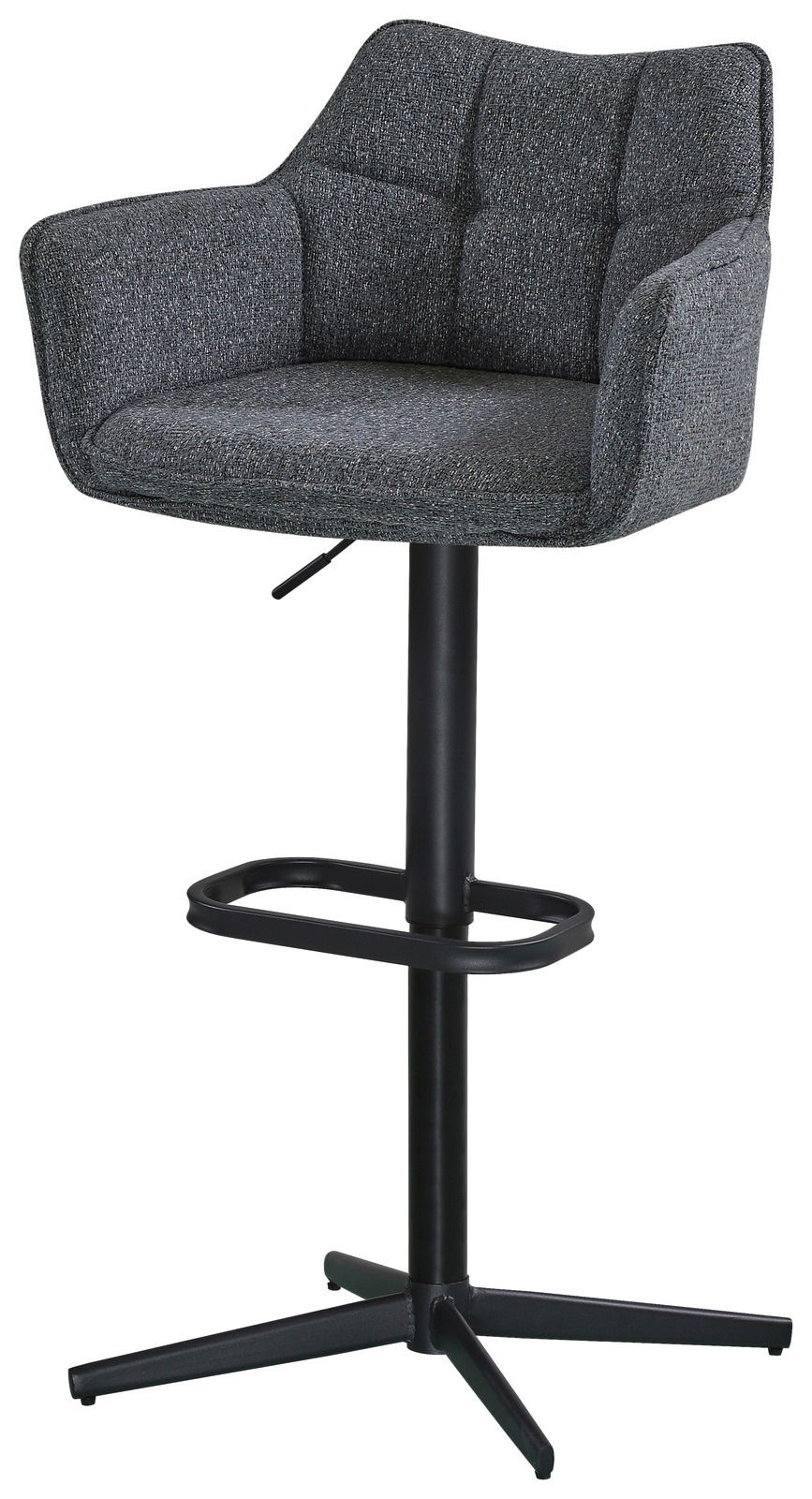 Grauer Barhocker mit gepolsterter Rückenlehne und Armlehnen, schwarzem Metallgestell und Fußstütze, seitliche Perspektive