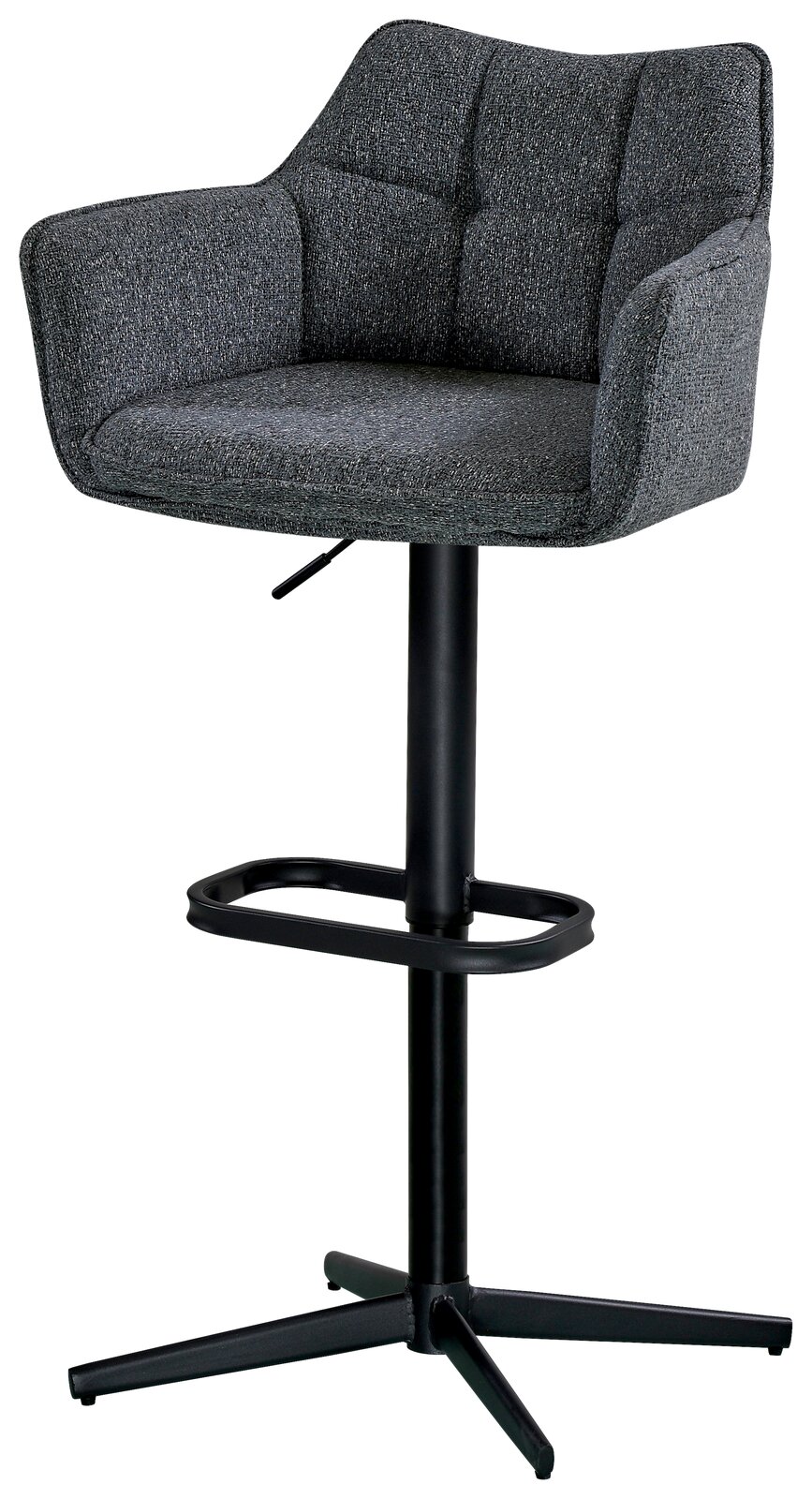 Grauer Barhocker mit gepolsterter Rückenlehne und Armlehnen, schwarzem Metallgestell und Fußstütze, seitliche Perspektive