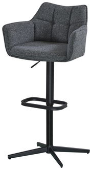 Grauer Barhocker mit gepolsterter Rückenlehne und Armlehnen, schwarzem Metallgestell und Fußstütze, seitliche Perspektive