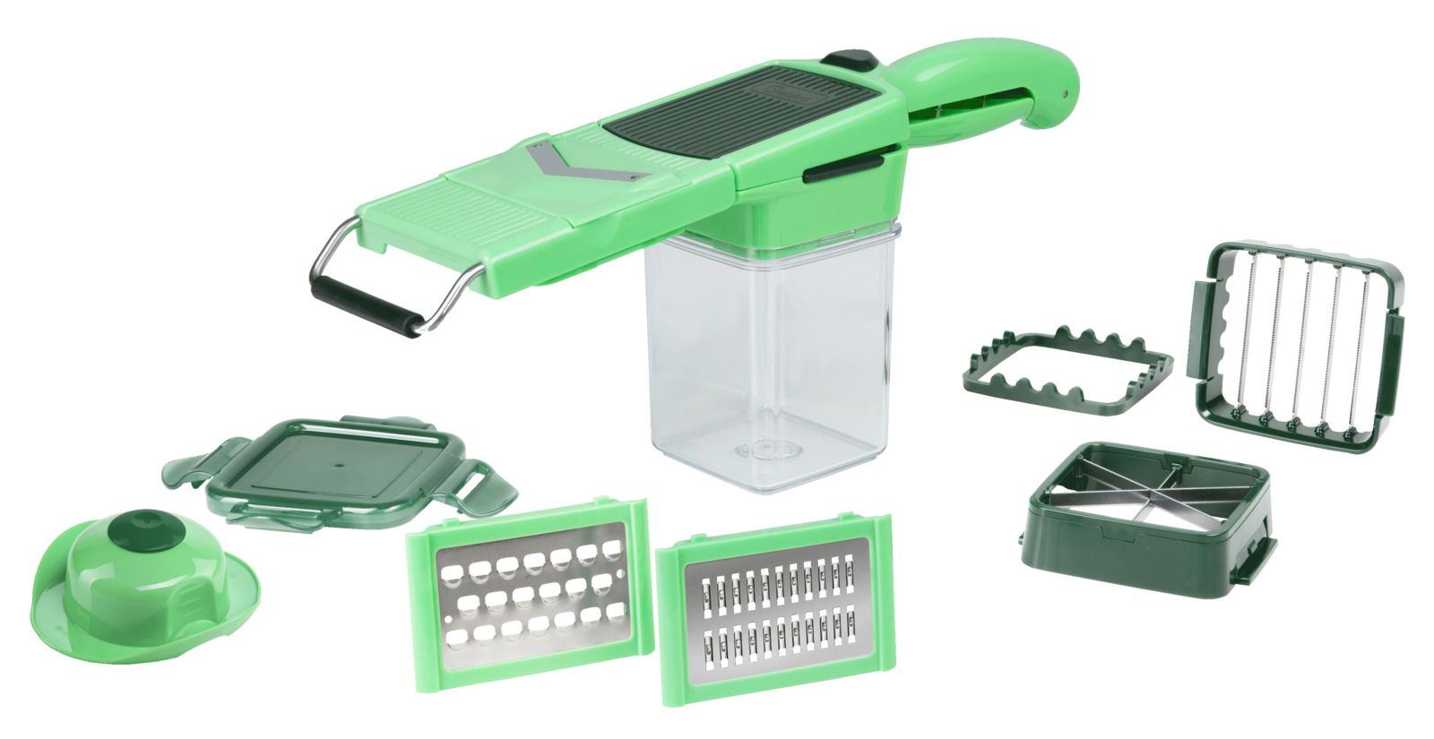 Nicer Dicer Quick Prof 12-tlg. aus der Vogelperspektive mit verschiedenen Aufsätzen und Behälter.