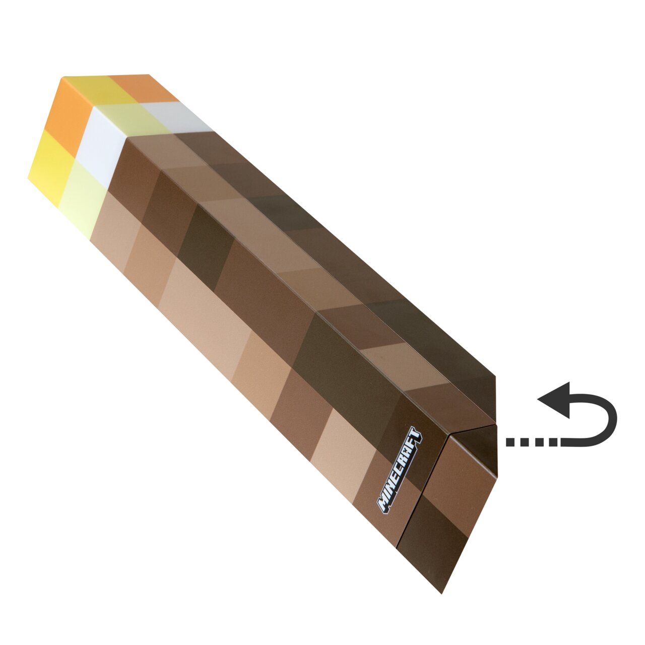 Minecraft Papierflieger im Creeper-Design in Braun- und Grüntönen, schräg von oben in Seitenansicht fotografiert, mit sichtbarem Minecraft-Logo am Heck auf weißem Hintergrund