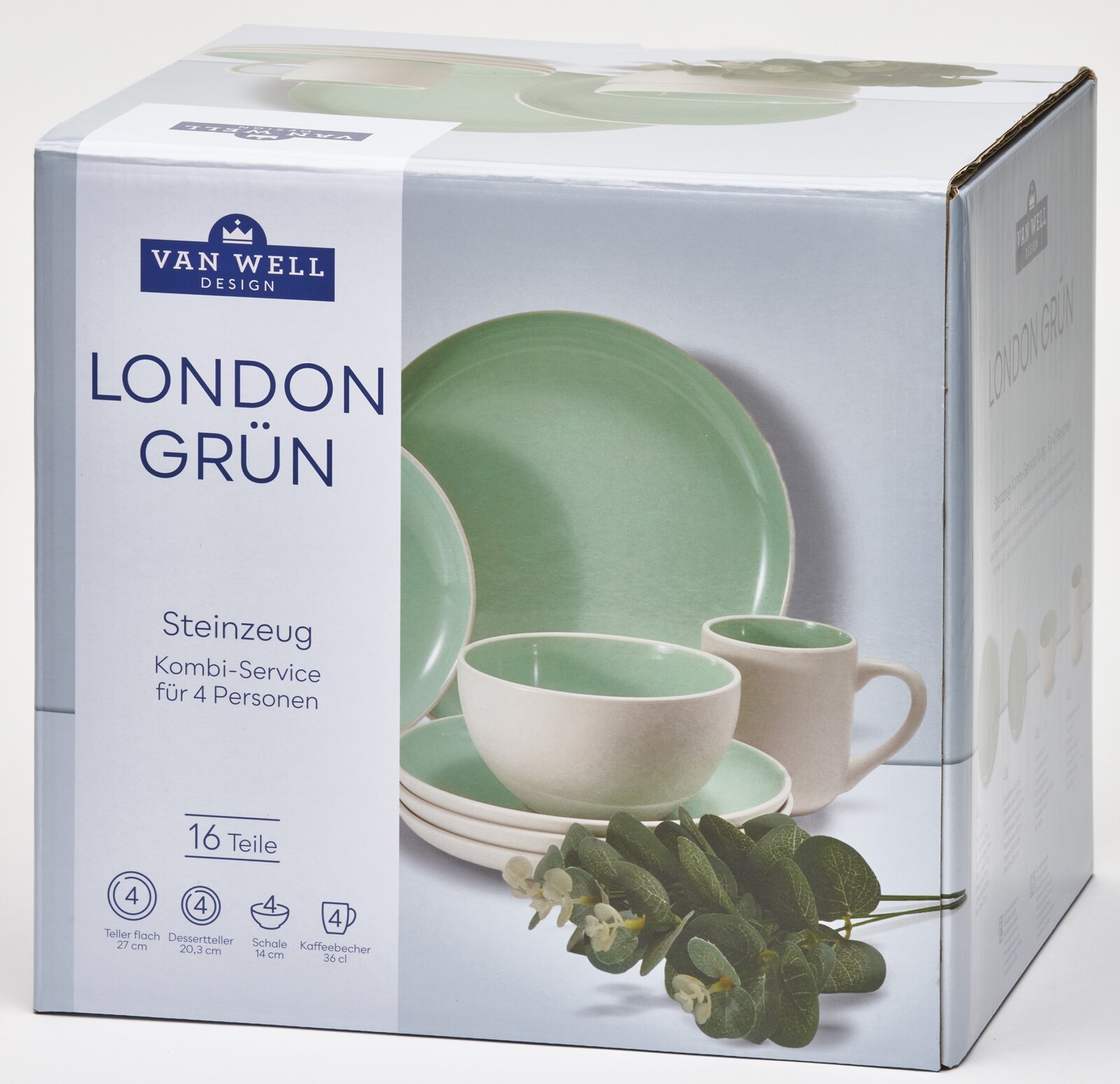 Kombiservice 16-teilig in London Grün, Steinzeug für 4 Personen, bestehend aus flachen Tellern, Desserttellern, Schalen und Kaffeebechern. Verpackung zeigt das Set in einer stilvollen Präsentation mit grünen Akzenten. Perspektive: Schräg von vorne.