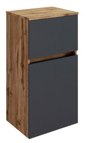 Moderner Unterschrank mit Holzoptik und grauen Fronten, seitliche Perspektive