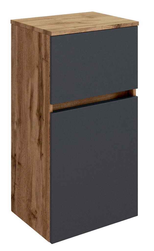 Moderner Unterschrank mit Holzoptik und grauen Fronten, seitliche Perspektive