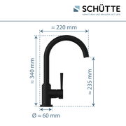 Schwarze Spültischarmatur von Schütte, seitliche Ansicht mit Maßen: Höhe ca. 340 mm, Ausladung ca. 220 mm, Durchmesser ca. 60 mm.