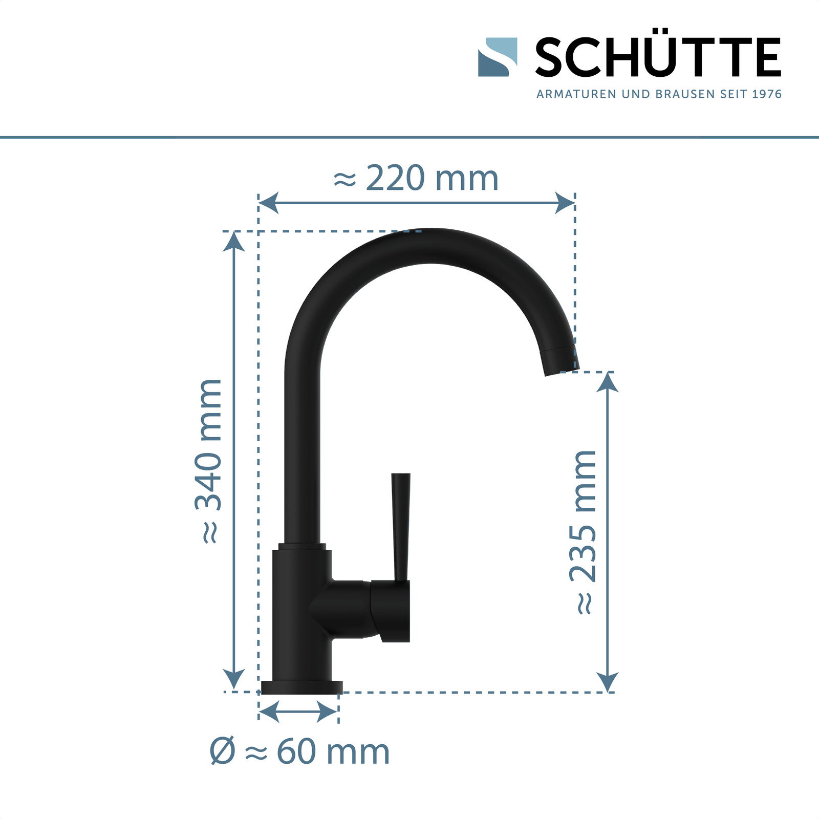 Schwarze Spültischarmatur von Schütte, seitliche Ansicht mit Maßen: Höhe ca. 340 mm, Ausladung ca. 220 mm, Durchmesser ca. 60 mm.