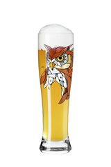 Weizenglas mit Eulenmotiv, gefüllt mit Bier, Frontalansicht