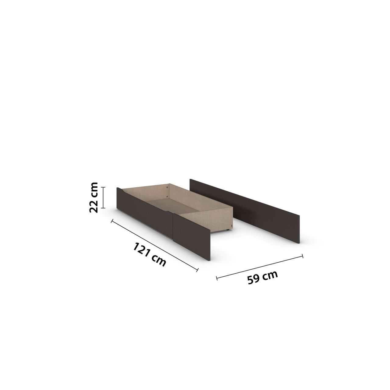 Perspektivische Ansicht eines Sockelschubkastens für ein Bett, mit den Maßen 121 cm Länge, 59 cm Breite und 22 cm Höhe.