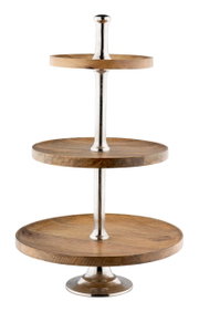 Dreistöckige Etagere aus Akazienholz und Aluminium, frontal fotografiert