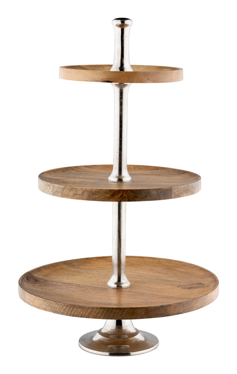 Dreistöckige Etagere aus Akazienholz und Aluminium, frontal fotografiert