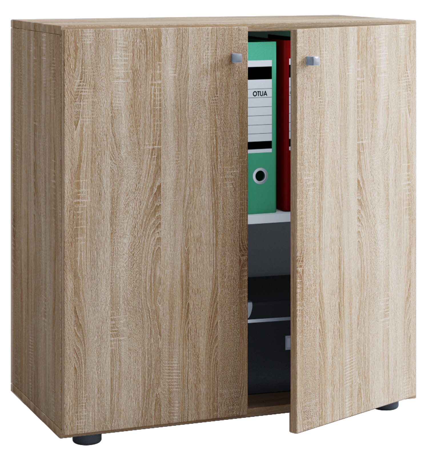 Holzoptik-Aktenschrank mit zwei Türen, eine Tür geöffnet mit sichtbaren Ordnern im Inneren, Frontansicht leicht schräg von vorn