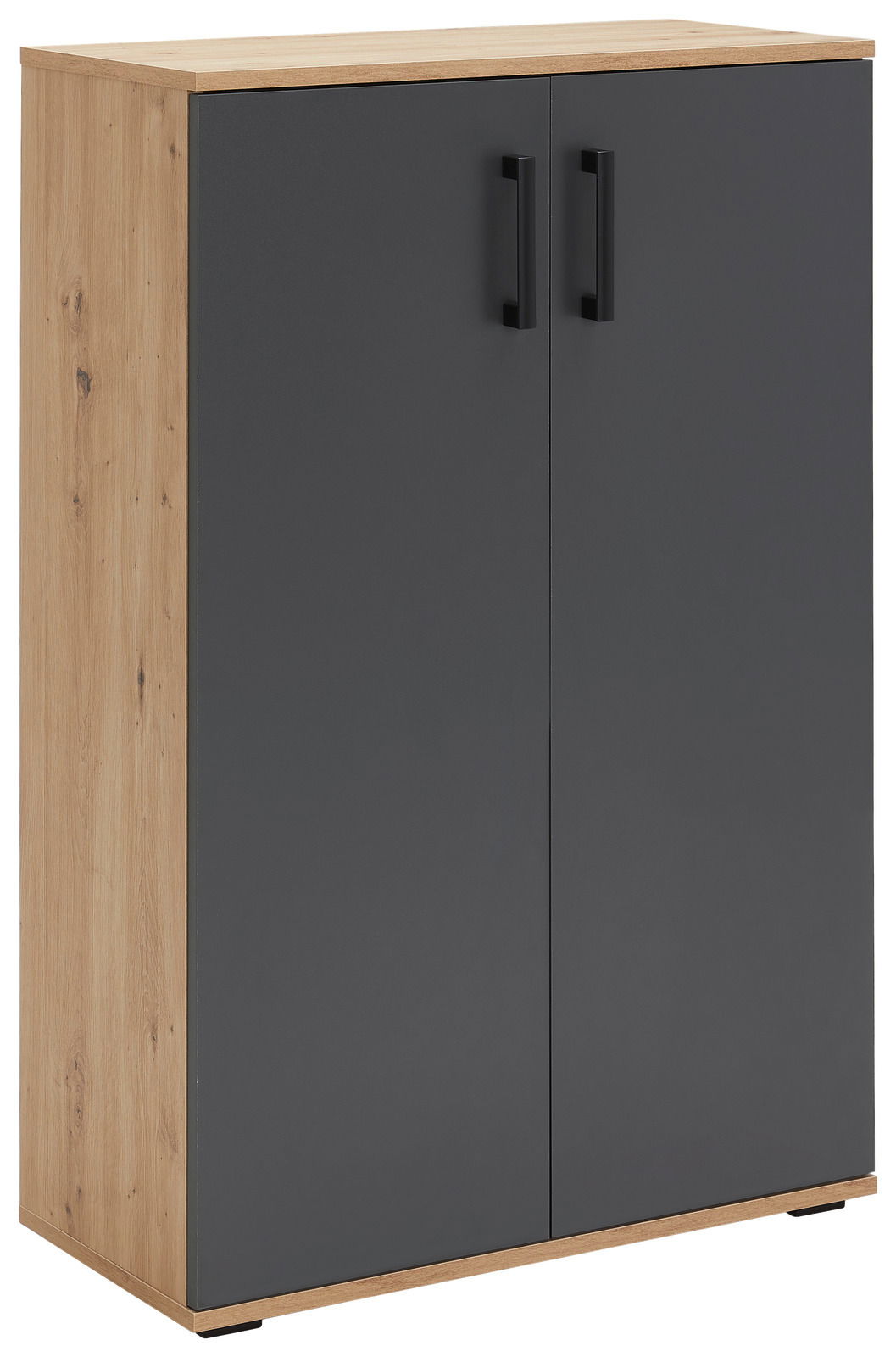 XORA Schuhschrank ALEX Moderner Schuhschrank mit zwei Türen in Holzoptik und schwarzer Front, seitliche Perspektive