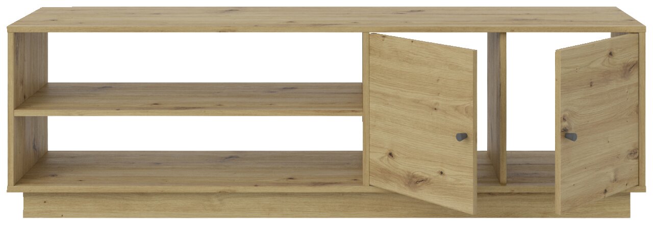 TV-Lowboard aus Holz in Frontansicht mit offenen Türen und Regalfächern