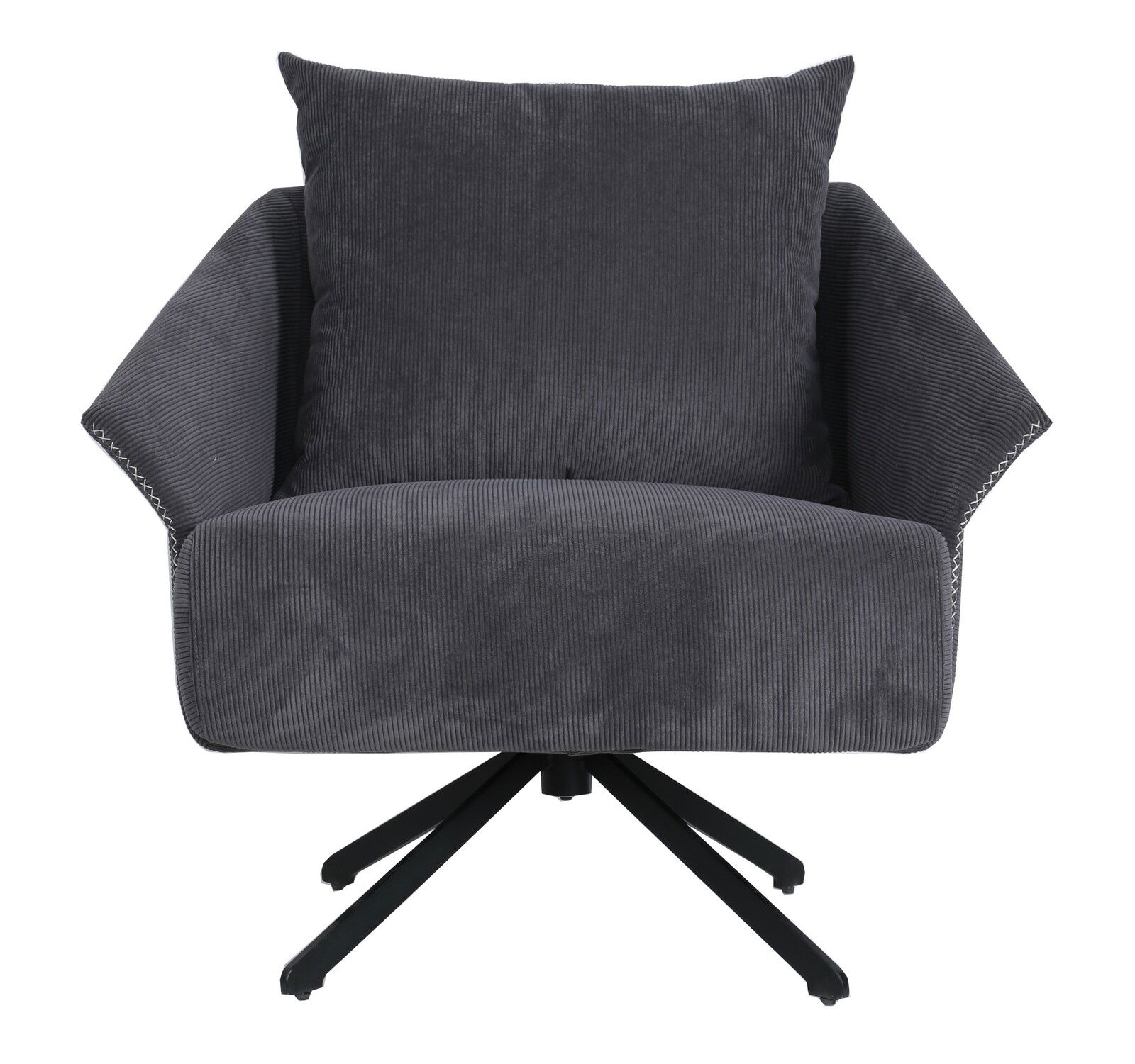 Grauer Sessel mit Kissen, Vorderansicht, auf schwarzem Drehgestell