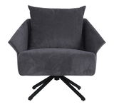 Grauer Sessel mit Kissen, Vorderansicht, auf schwarzem Drehgestell