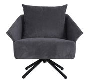 Grauer Sessel mit Kissen, Vorderansicht, auf schwarzem Drehgestell