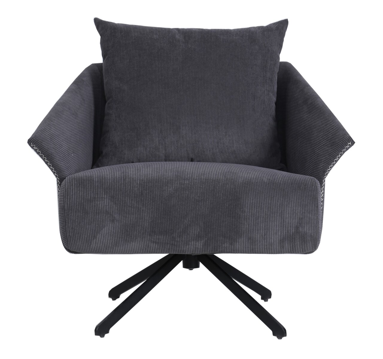Grauer Sessel mit Kissen, Vorderansicht, auf schwarzem Drehgestell