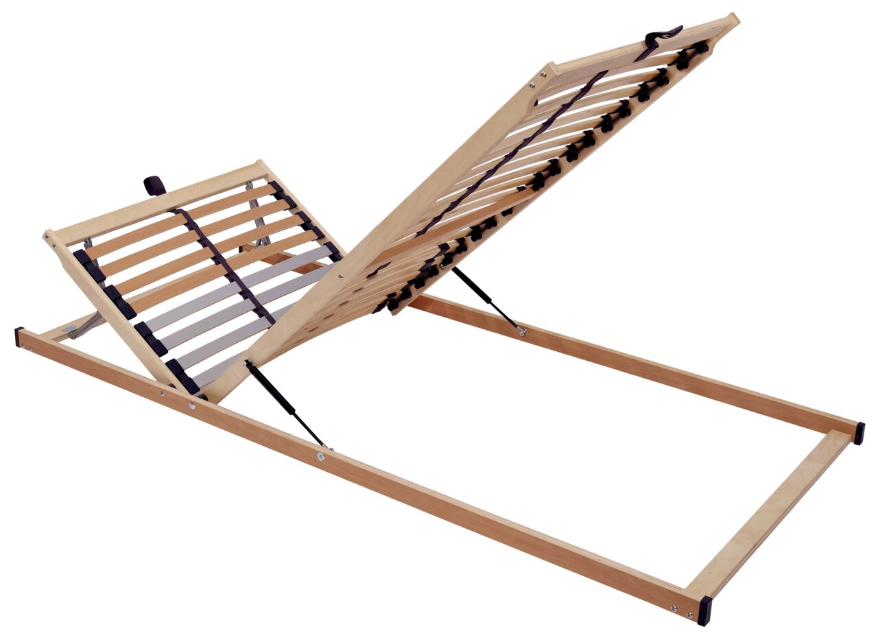 Verstellbarer Lattenrost aus Holz in seitlicher Perspektive, teilweise hochgeklappt.