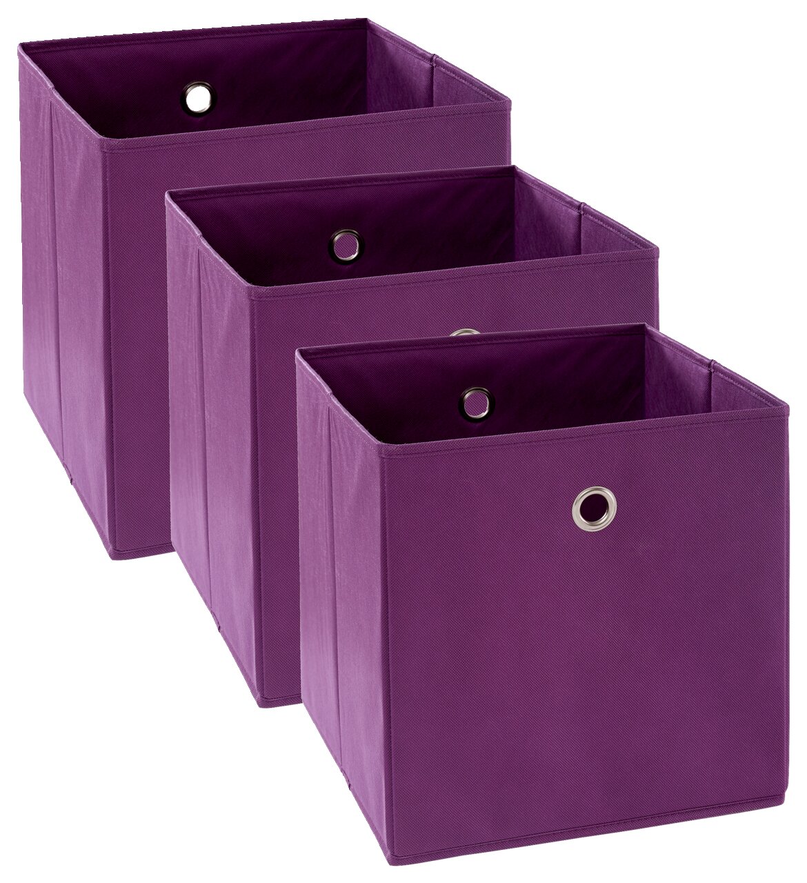 Drei lila Stoffboxen mit Metallösen, perspektivisch von vorne rechts fotografiert.