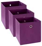 Drei lila Stoffboxen mit Metallösen, perspektivisch von vorne rechts fotografiert.