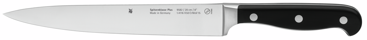 Küchenmesser aus der Seitenperspektive mit schwarzem Griff und Edelstahlklinge, Modell Spitzenklasse Plus, 20 cm Länge, hergestellt in Deutschland.