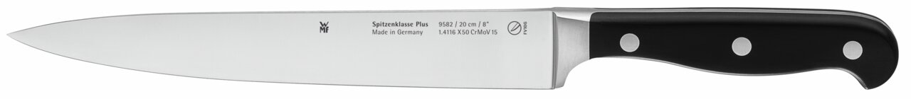 Küchenmesser aus der Seitenperspektive mit schwarzem Griff und Edelstahlklinge, Modell Spitzenklasse Plus, 20 cm Länge, hergestellt in Deutschland.