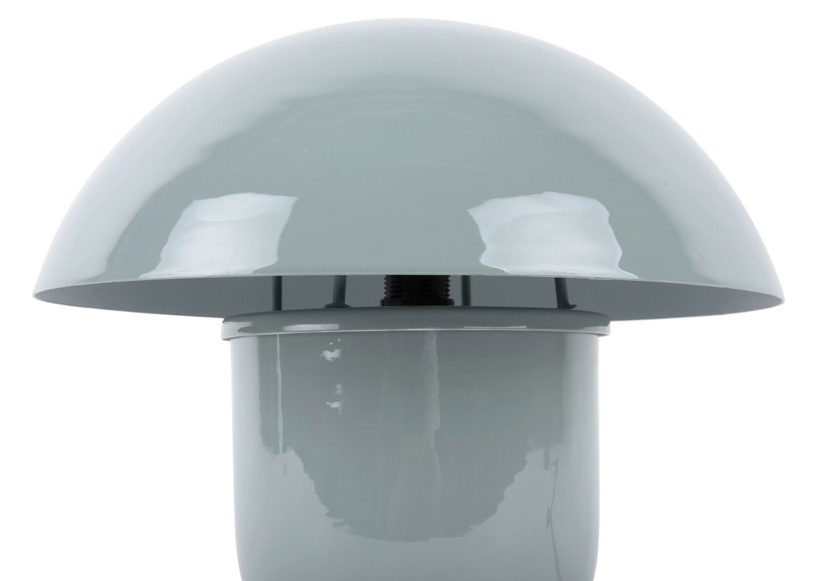 Nahaufnahme einer grauen Tischleuchte im Pilzdesign, seitliche Perspektive.