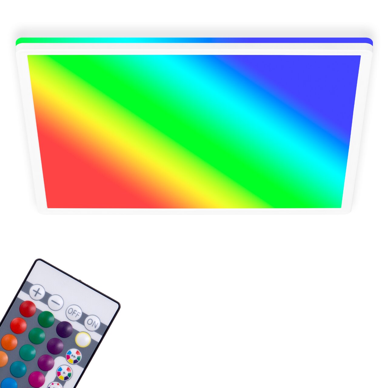 LED-plafondlamp met regenboogkleuren en afstandsbediening, gezien van onderaf