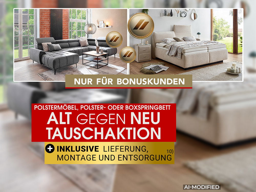 Alt-gegen-Neu-Tauschaktion für Polstermöbel und Boxspringbetten mit Lieferung, Montage und Entsorgung. KI-generiert.