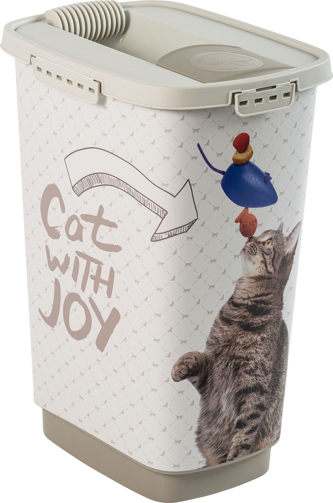 Tierfutterbehälter mit Katzenmotiv und Aufschrift 'Cat with Joy', seitliche Perspektive