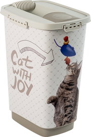 Tierfutterbehälter mit Katzenmotiv und Aufschrift 'Cat with Joy', seitliche Perspektive