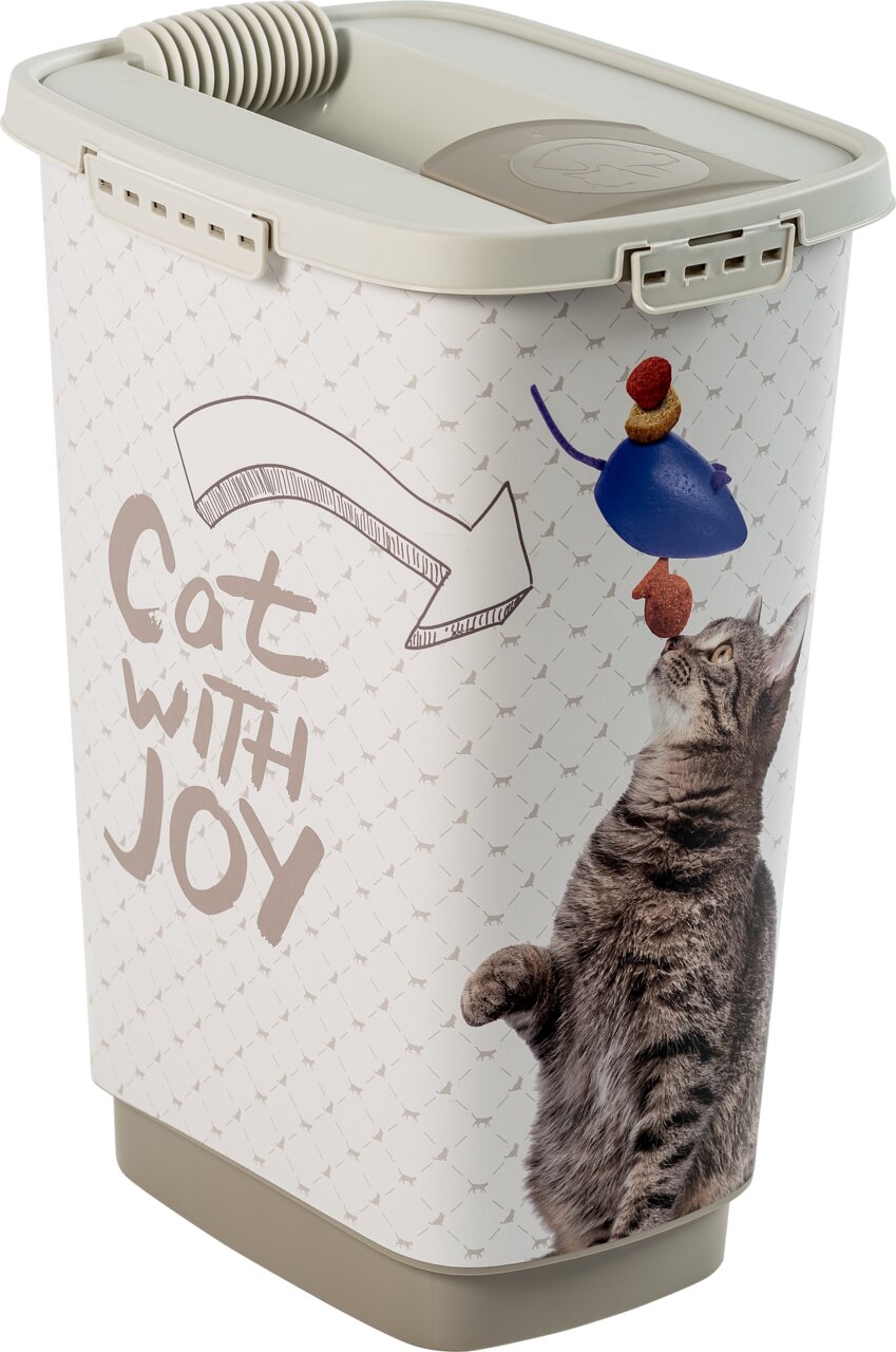Tierfutterbehälter mit Katzenmotiv und Aufschrift 'Cat with Joy', seitliche Perspektive