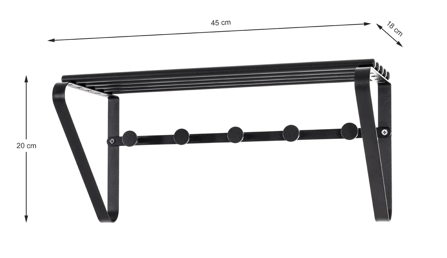 Schwarze Wandgarderobe aus Metall mit Ablage oben und fünf runden Haken, Maße ca. 45 x 18 x 20 cm, frontale Seitenansicht auf weißem Hintergrund
