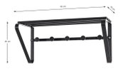 Schwarze Wandgarderobe aus Metall mit Ablage oben und fünf runden Haken, Maße ca. 45 x 18 x 20 cm, frontale Seitenansicht auf weißem Hintergrund