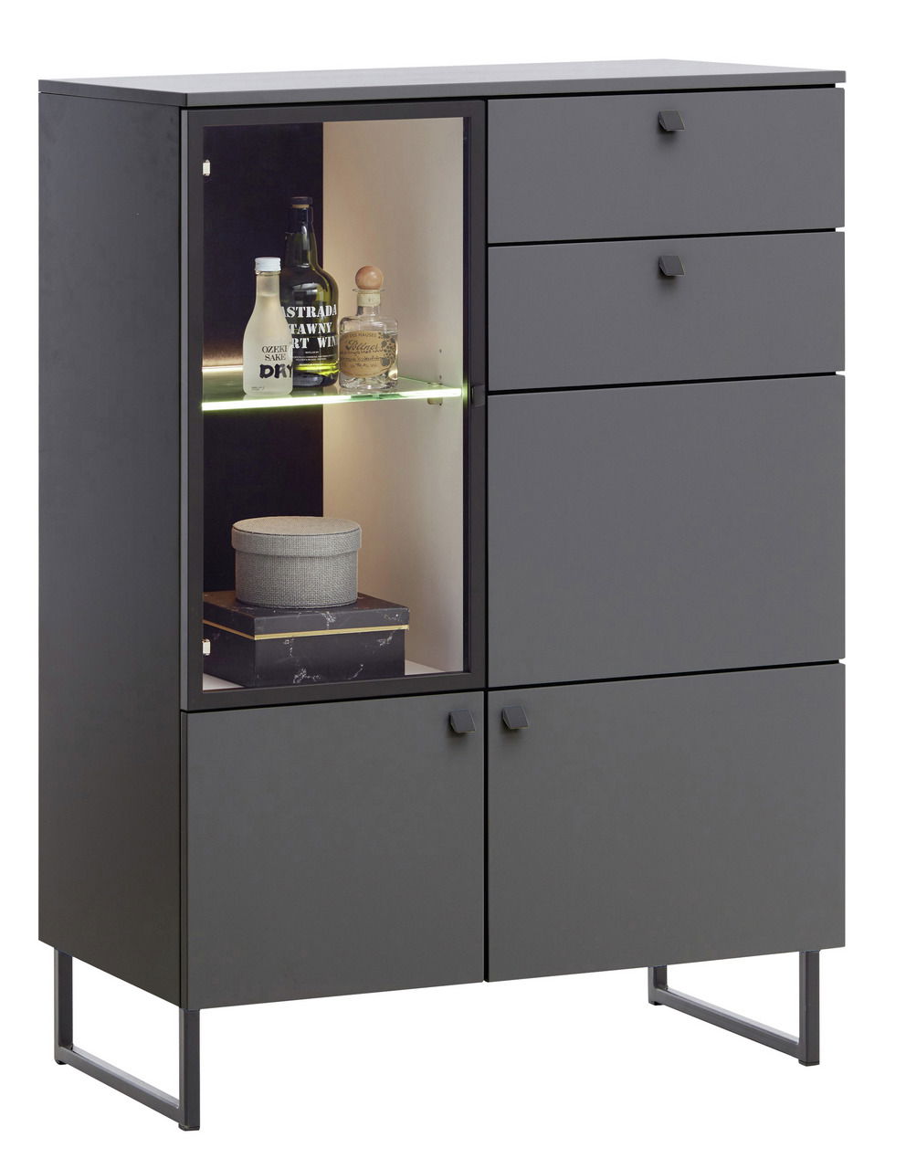 Valdera Highboard LUGANO Modernes Highboard in dunklem Grau mit Glastür und LED-Beleuchtung, seitliche Perspektive