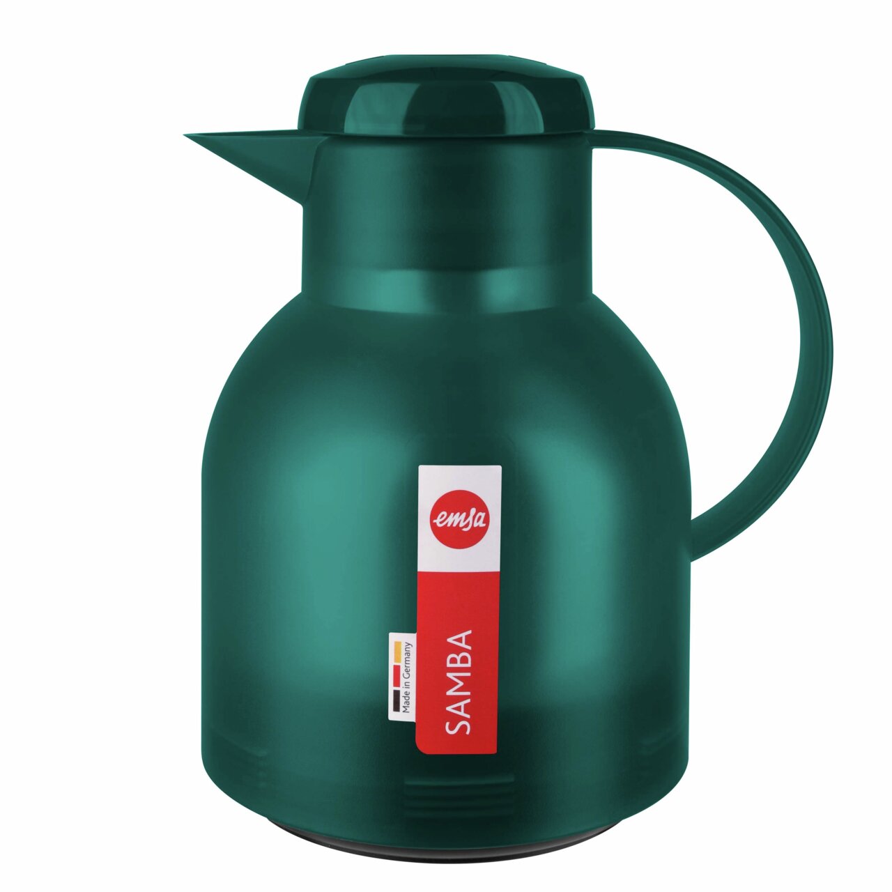 Türkise Isolierkanne SAMBA von vorne mit rotem Etikett und rundem Griff.