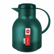 Türkise Isolierkanne SAMBA von vorne mit rotem Etikett und rundem Griff.