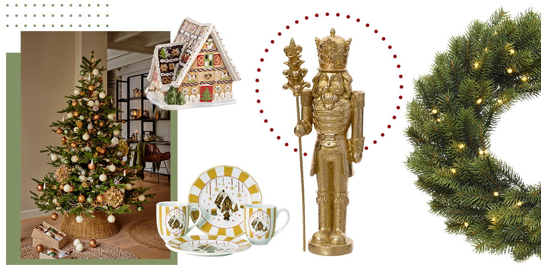 Kerstideeën voor in huis met een kerstboom, notenkraker en decoratief servies – inspiratie voor feestelijke decoraties en een sfeervolle adventstijd bij u thuis.