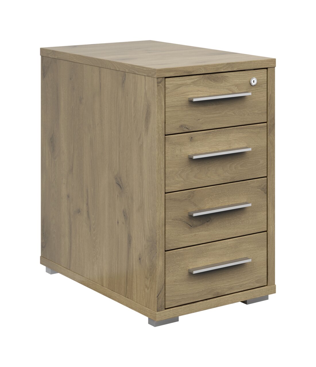 Holzfarbener Anstellcontainer mit vier Schubladen und silbernen Griffen, seitliche Perspektive.