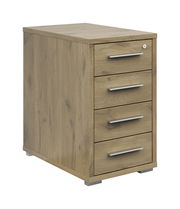 Holzfarbener Anstellcontainer mit vier Schubladen und silbernen Griffen, seitliche Perspektive.