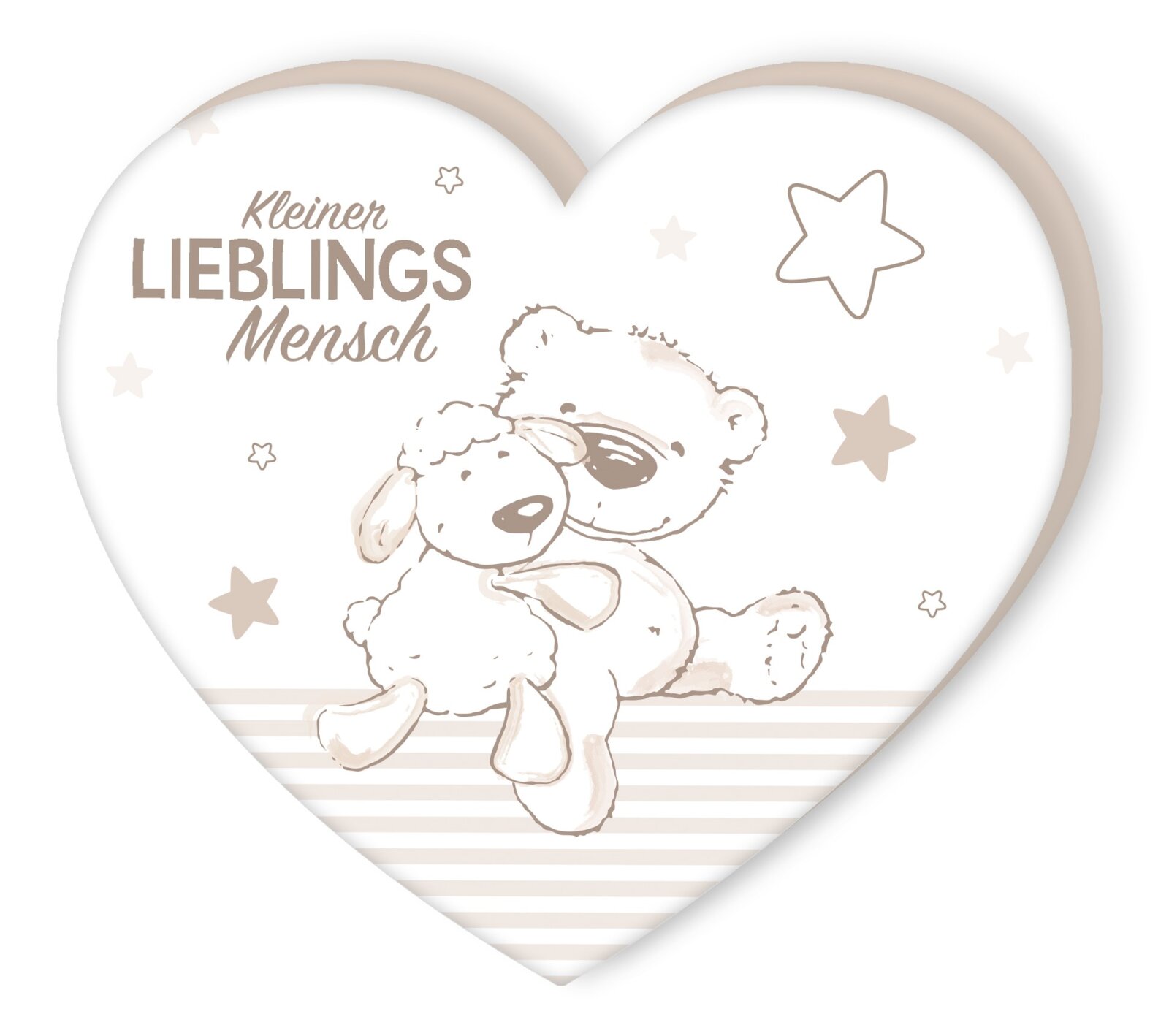 Hartvormig kussen met het opschrift 'Kleiner Lieblingsmensch', geïllustreerd met een beer en een schaap, omringd door sterren. Vooraanzicht.