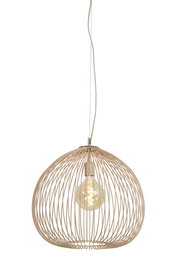 Moderne Hängeleuchte mit einem offenen, kugelförmigen Drahtdesign, aus der Seitenperspektive fotografiert.