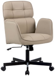 Beiger Drehstuhl mit gepolsterter Rückenlehne und Armlehnen, seitliche Perspektive