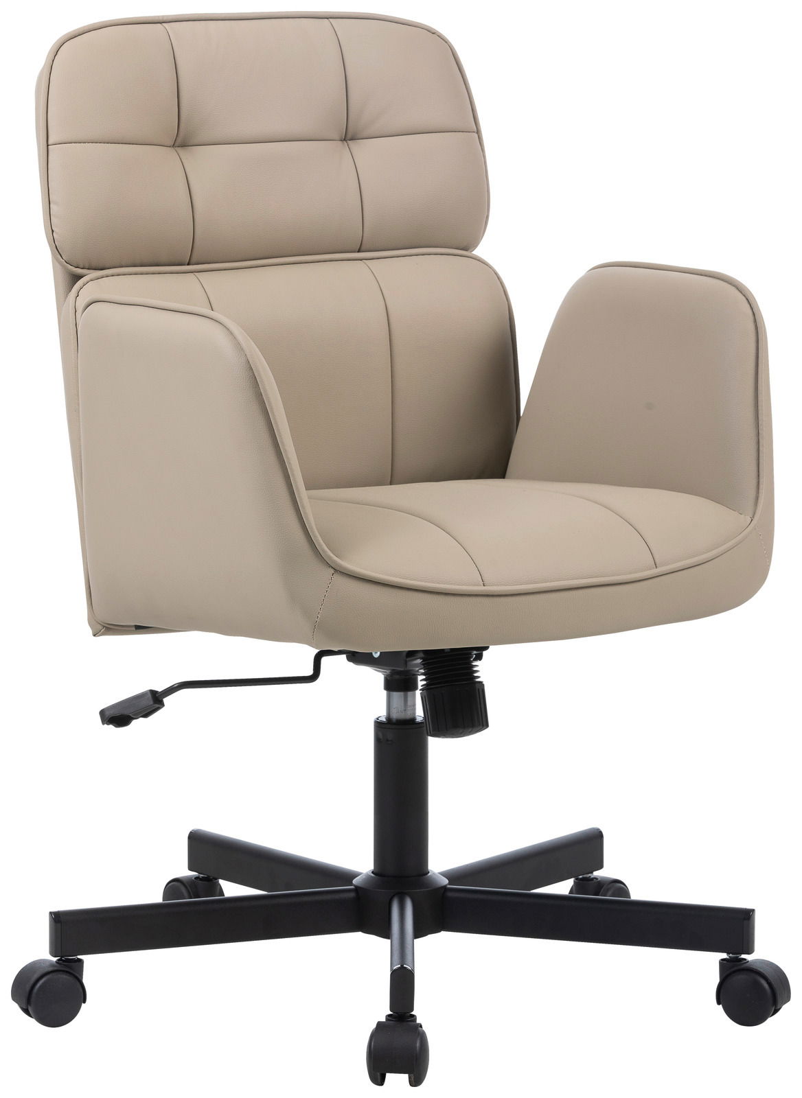 Beiger Drehstuhl mit gepolsterter Rückenlehne und Armlehnen, seitliche Perspektive