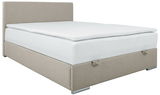 Boxbett 140 in seitlicher Perspektive mit beigem Stoffbezug und weißer Matratze.