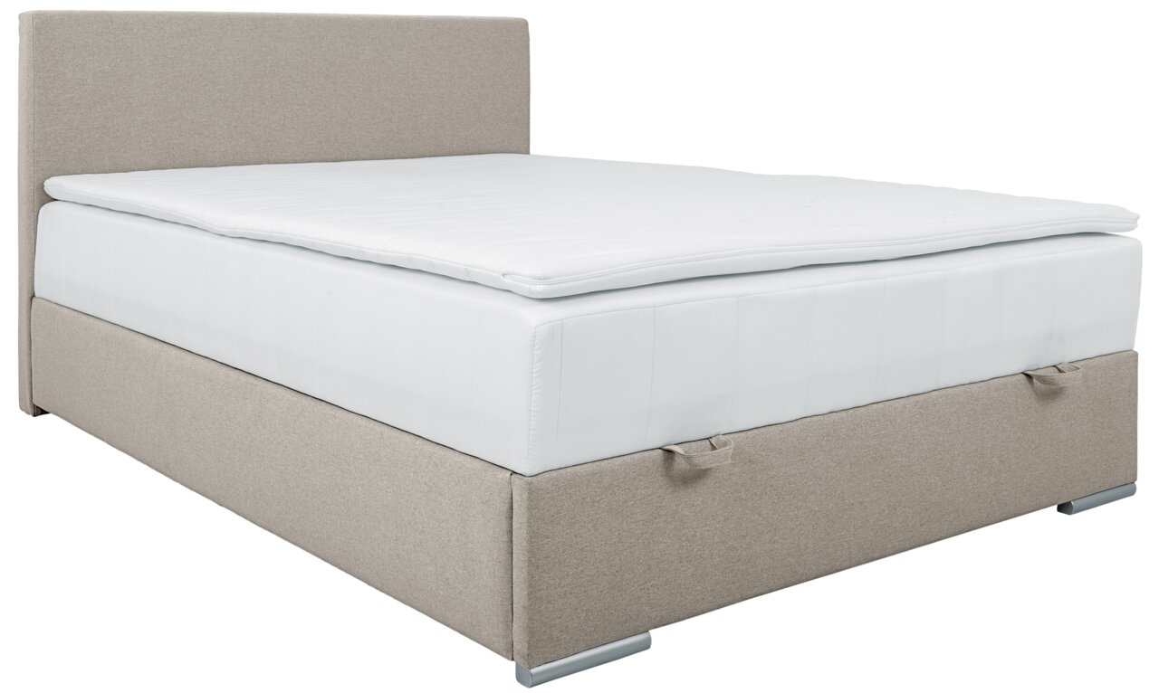 Boxbett 140 in seitlicher Perspektive mit beigem Stoffbezug und weißer Matratze.